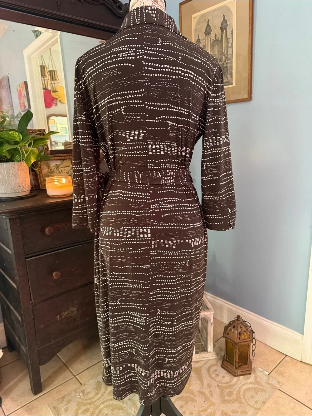 Chapter One Espresso Brown Abstract Dot Faux Wrap Tie Midi Dress Medium